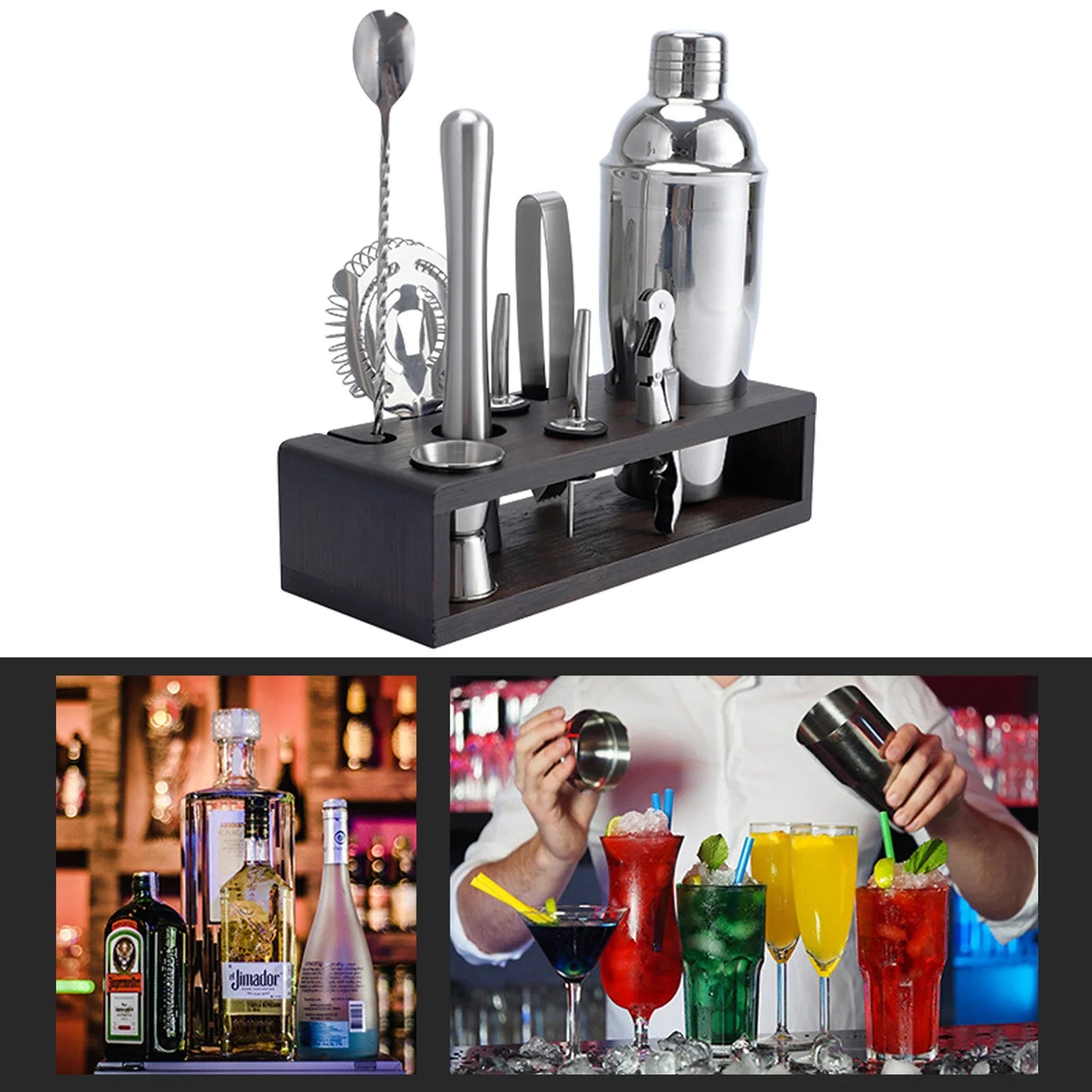 10er Shaker-Set, 750ml Shaker mit Bambusständer, Edelstahl, Cocktail-Kit, Cocktail Mixer, für Bar, Hausparty, Geschenk