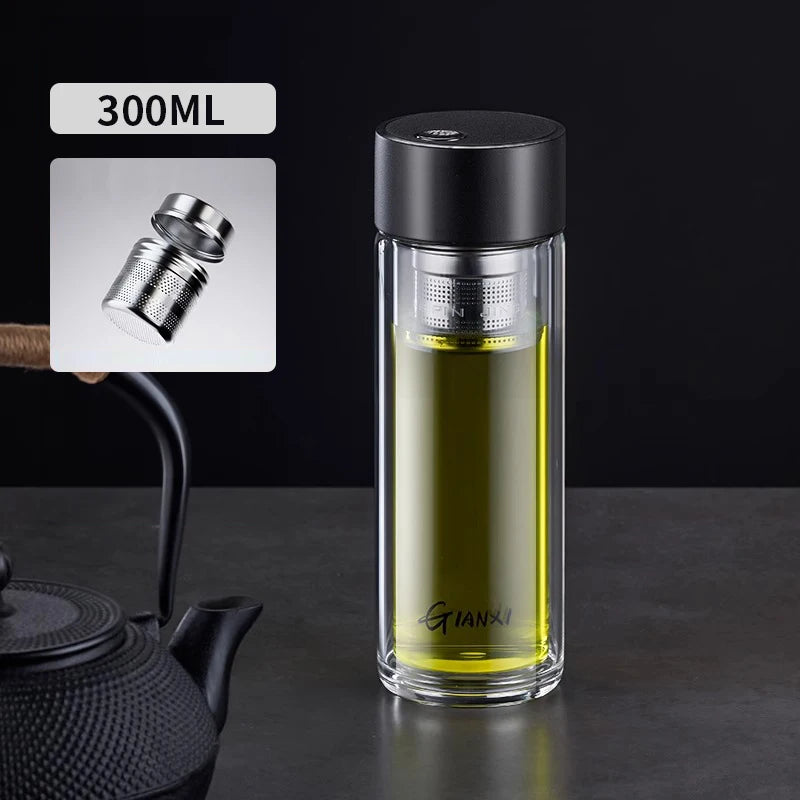 Glass Water Bottle With Tea Strainer and Magnetic Cup Lid Heat-Resistant Water Cup Portable Leak-Proof Office Household Tea Cup