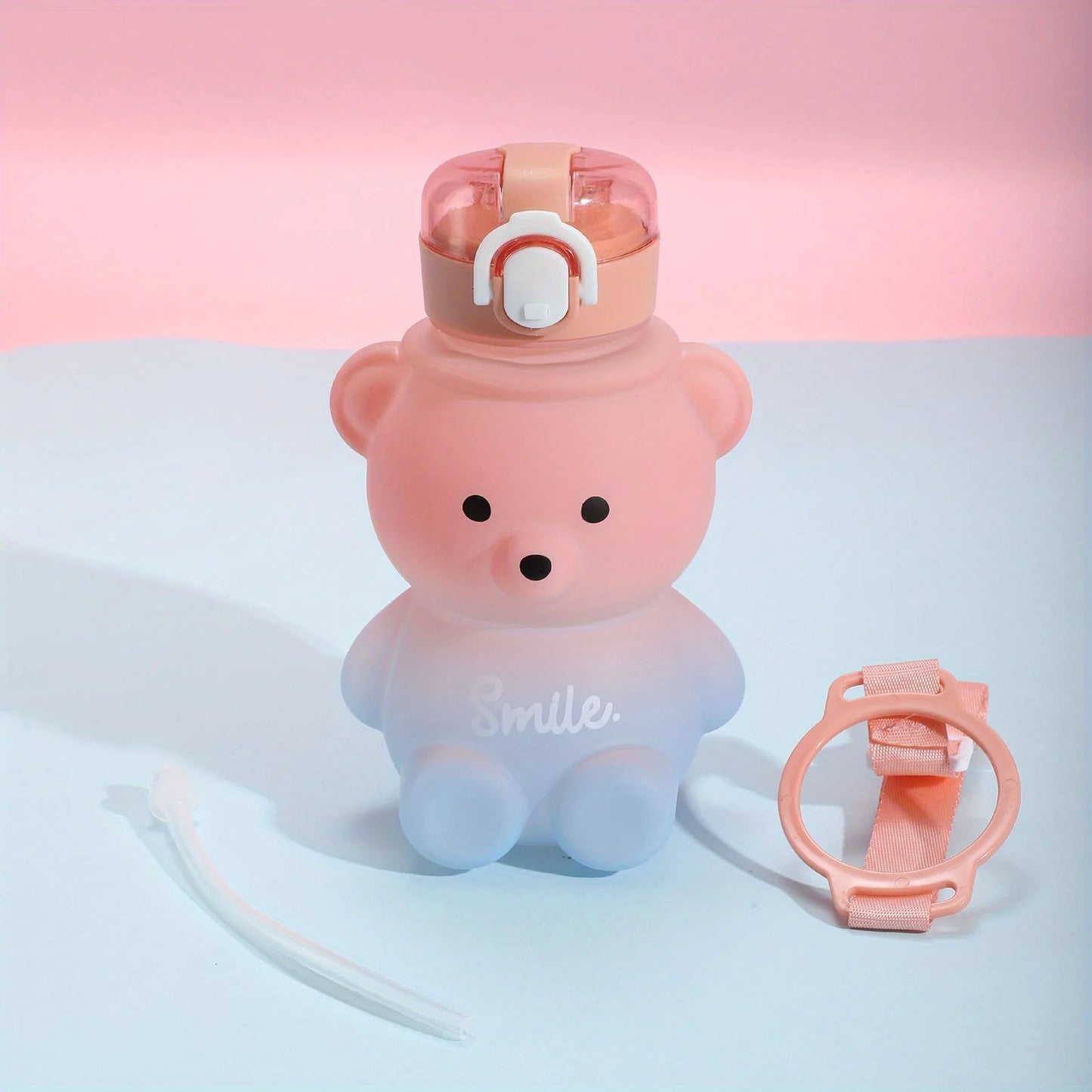 1pc Cute Bear Water Bottle BPA-Free Portable Kettle with Straw & Shoulder Strap Heat-Resistant Large-Capacity