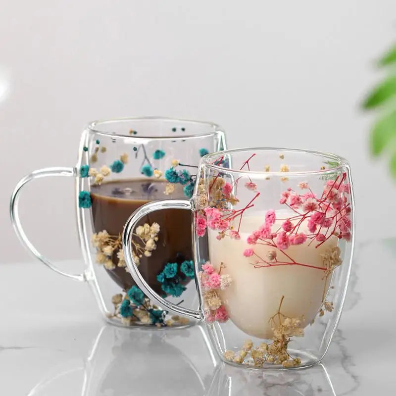 Double Wall Glass Dry Flowers Cup 350ml Insulated Coffee Mugs Dual Layered Glass Cups with Handle Elegant Dried Flowers milk Cup - Gabriel