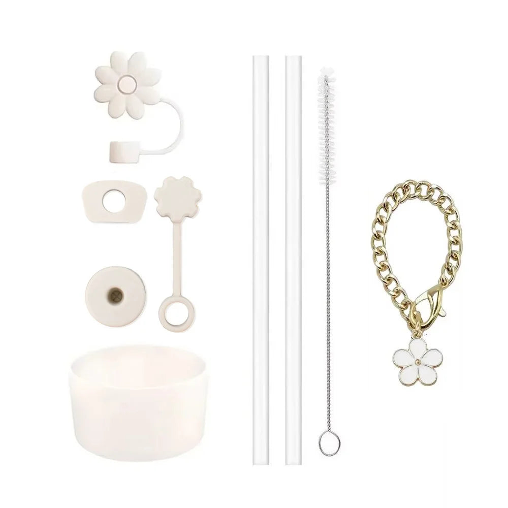 Cup Accessories for Stanley Set of 9, 2 Straw and Brush and 1 Flower Charm Chain 3 Spill Proof Stopper Flowers Straw Cover Boot