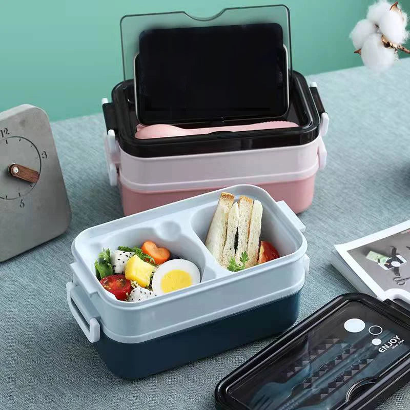 1pc 1400ml Double-layer Lunch Box Portable Compartment Food Box Microwave Lunch Box With Fork Chopsticks And Spoon Picnic Fresh