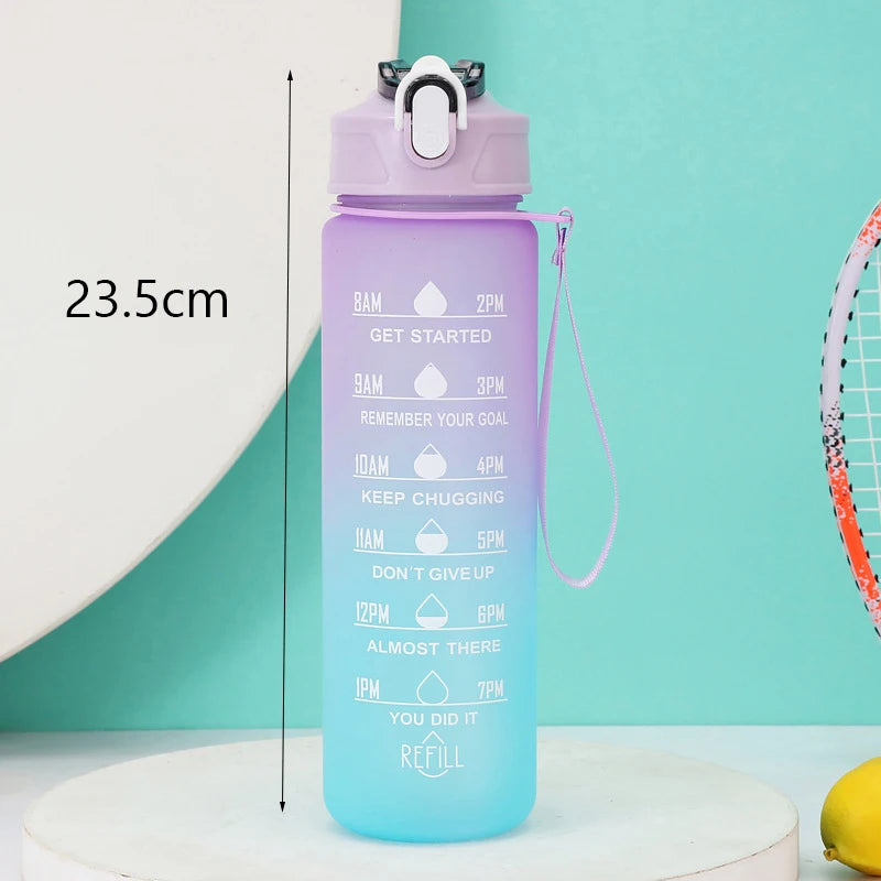 2L Outdoor Large Capacity Sport Water Bottle Creative Plastic Cup Bounce Cover Outdoor Leakproof Straw Cup with Time Marker