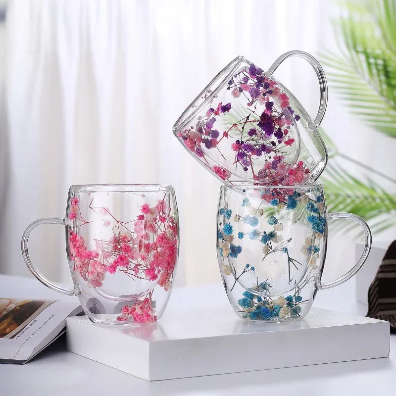 250ml / 350ml Double Wall Glass Cup Dry Flowers Insulated Flowers Espresso Cup Coffee Mugs Dual Layered Glass Cups Dried Flowers - Gabriel