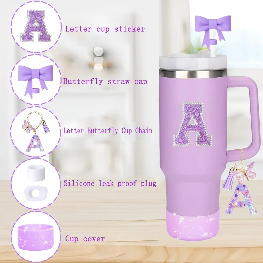 6pcs Accessories Set for Stanely 30oz 40oz Tumbler Including Glitter Initial Sticker 10mm Straw Topper Cover, Resin Letter Charm