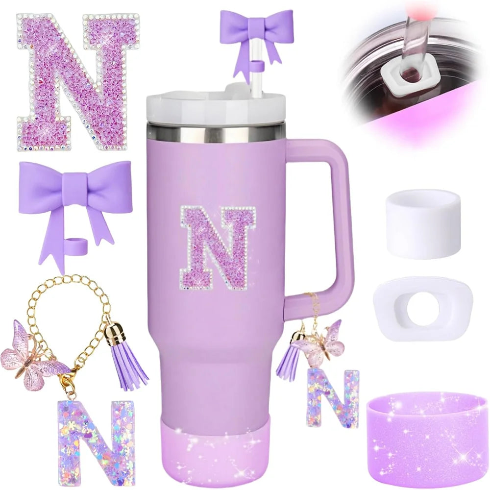 6pcs Accessories Set for Stanely 30oz 40oz Tumbler Including Glitter Initial Sticker 10mm Straw Topper Cover, Resin Letter Charm