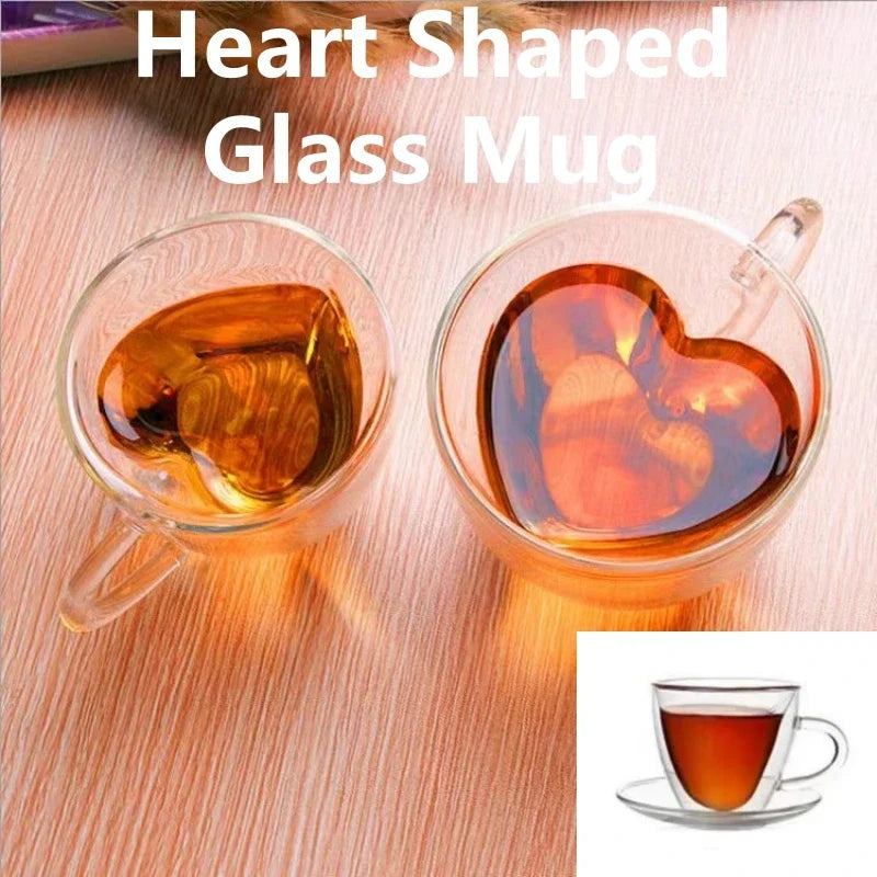 Heart Shaped Mug Double Wall Glass Cup Heat-Resisting Solid Color Wine Glasses Tea Mugs Milk Espresso Coffee Cup for Gift - Gabriel