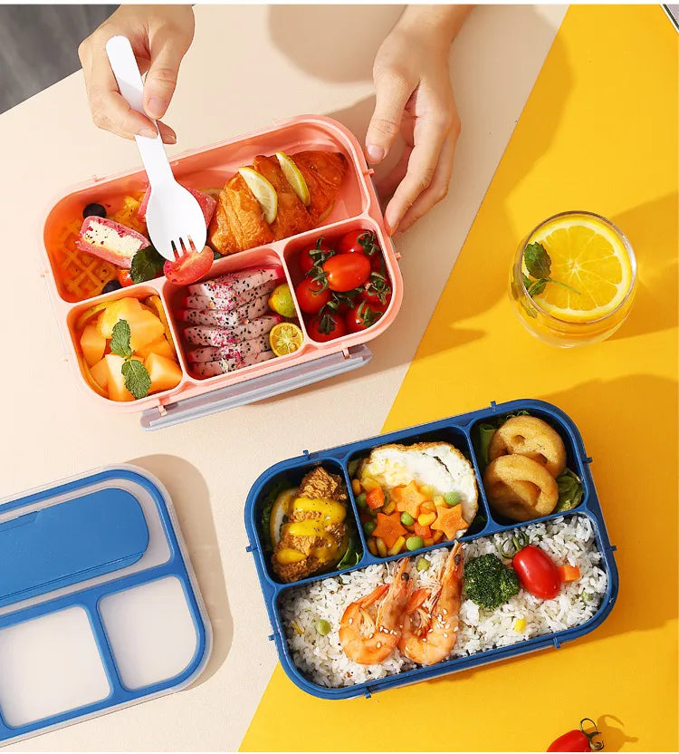 Portable Sealed Lunch Box 2 Layer Mesh Kids Leak Proof Bento Snack Box with Cutlery Microwave Safe Food Storage Container