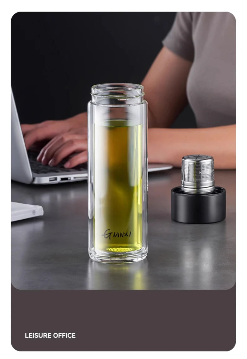 Glass Water Bottle With Tea Strainer and Magnetic Cup Lid Heat-Resistant Water Cup Portable Leak-Proof Office Household Tea Cup