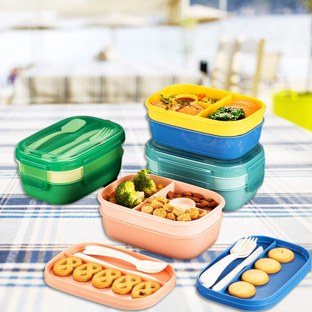 Stackable Bento Box Microwave Lunch Box 3 Layers All-in-One Lunch Containers with Cutlery Set Multiple Grid for Adults & Kids