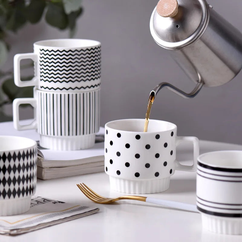 1PCS Nordic Simple Style Black And White Ceramic Mug Creative Polka Dot Striped Coffee Tea Cup Stackable Office Water Cup - Gabriel