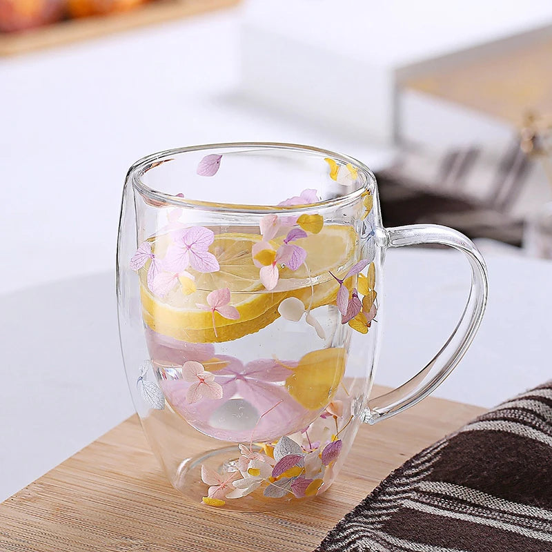 350ml Fillings Dry Flowers Double Wall Glass Cup With Handle Heat Resistant Tea Coffee Cups Espresso Milk Mug Creative Gift - Gabriel