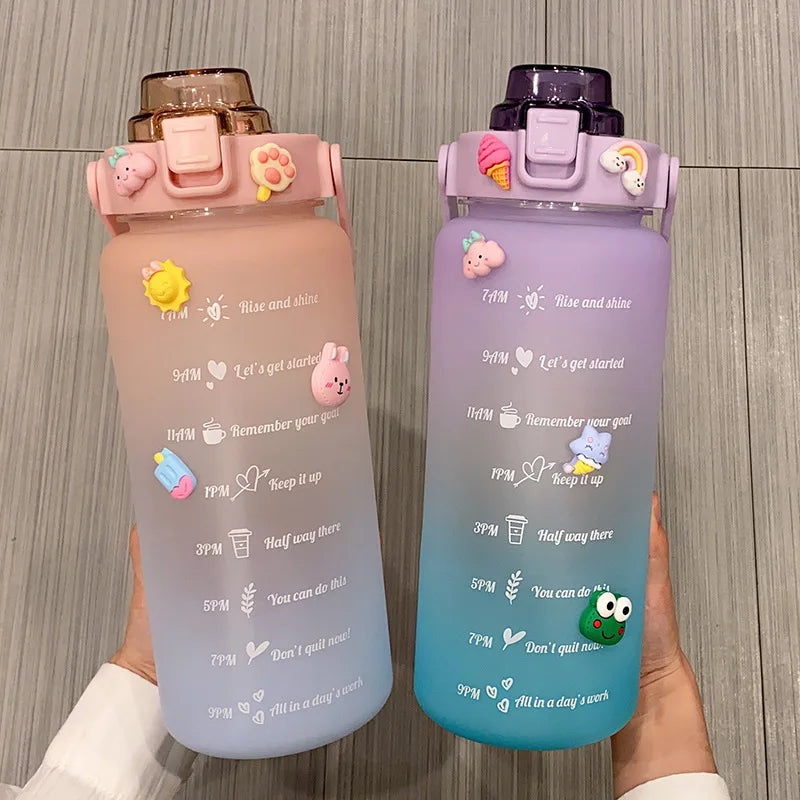 2L Outdoor Large Capacity Sport Water Bottle Creative Plastic Cup Bounce Cover Outdoor Leakproof Straw Cup with Time Marker