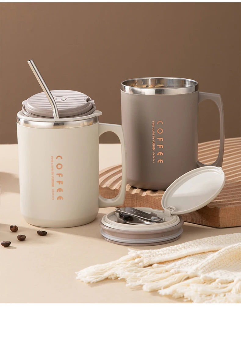 WORTHBUY 480ML Coffee Cups With Straw&Spoon 304 Stainless Steel Reusable Portable Leak-proof Coffee Milk Mug Drinking Cup