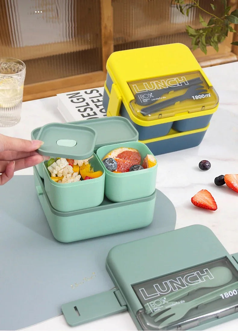 1100 ml/1800 ml Lunchbox mit 2 Fächern für Kinder mit Gabel und Löffel, mikrowellengeeignete Bento-Boxen, tragbarer Vorratsbehälter für Lebensmittel