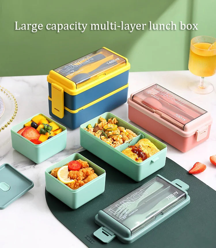 Double Layer Portable Lunch Box For Kids With Fork and Spoon Microwave Bento Boxes Dinnerware Set Food Storage Container