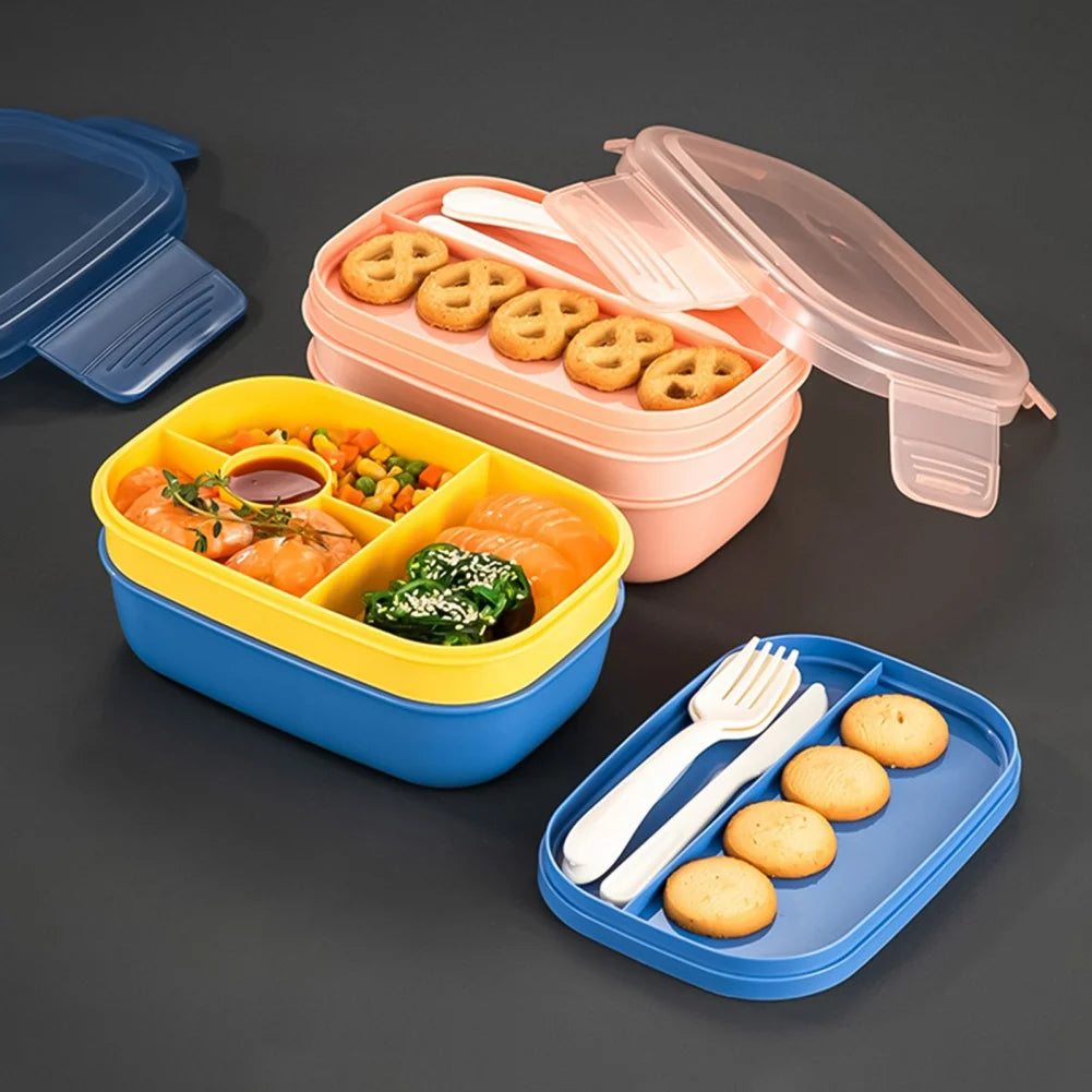 Stackable Bento Box Microwave Lunch Box 3 Layers All-in-One Lunch Containers with Cutlery Set Multiple Grid for Adults & Kids