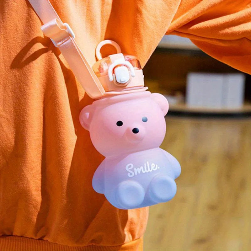 1pc Cute Bear Water Bottle BPA-Free Portable Kettle with Straw & Shoulder Strap Heat-Resistant Large-Capacity