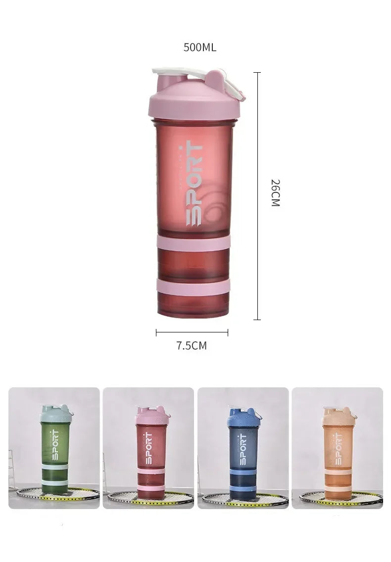 500 ml 3-lagige Sportwasser-Proteinpulver-Shaker-Flasche für Outdoor-Reisen, tragbares, auslaufsicheres Trinkgeschirr aus Kunststoff, BPA-frei