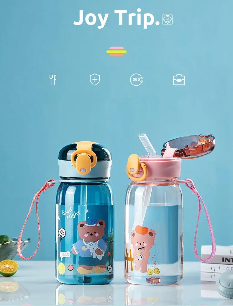 GIANXI 400ML Sippy Cup For Kids Cartoon One Button Open Cover Food Grade Water Cups Outdoor Portable Rope Design Plastic Cup