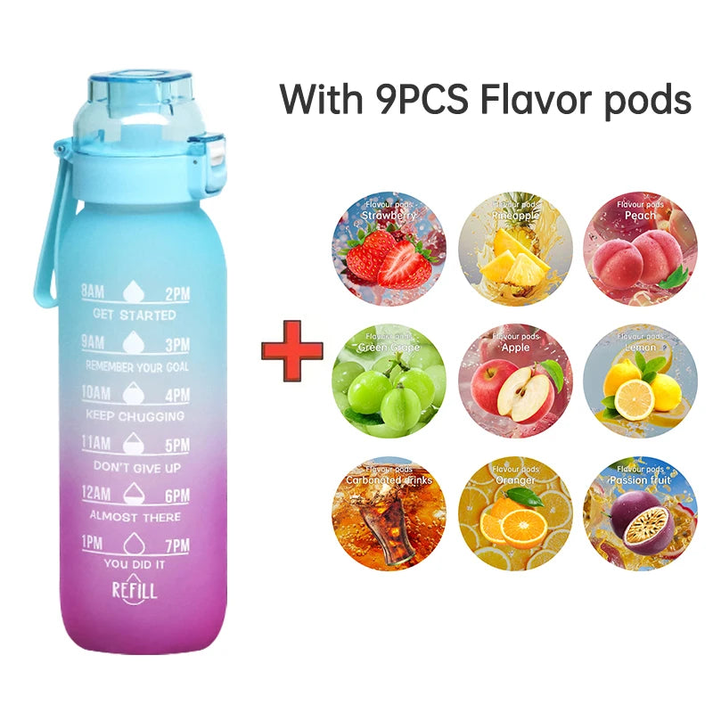 LUSQI 1PC 1000ML Flavor Water Bottle With Straw With 9PCS Flavor Pods Fashion Fitness Water Bottle For Outdoor Activities Sports