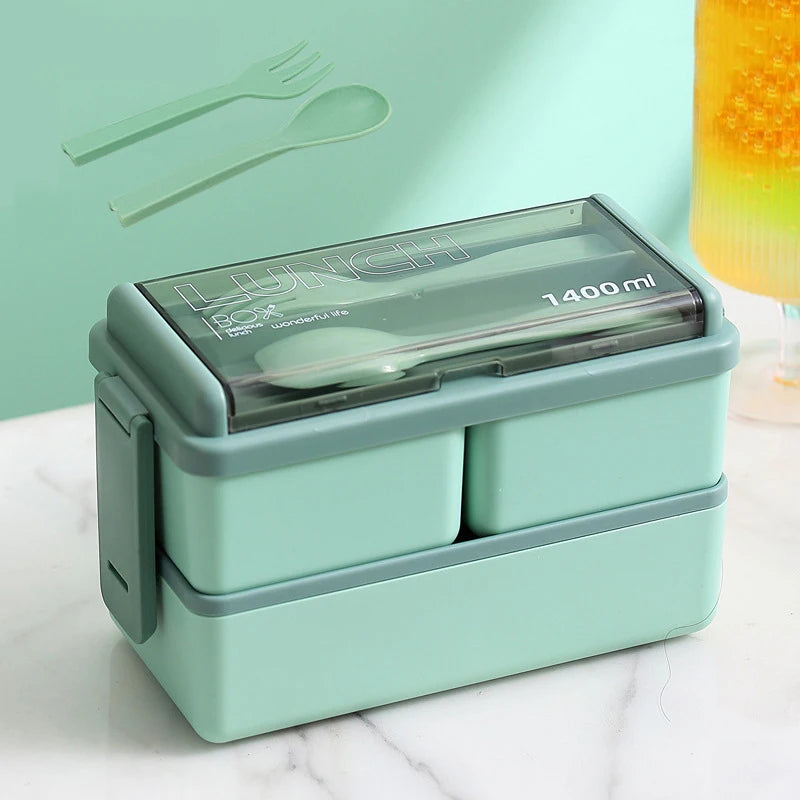 Double Layer Portable Lunch Box For Kids With Fork and Spoon Microwave Bento Boxes Dinnerware Set Food Storage Container