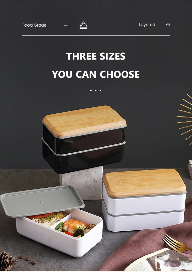 Wooden Grain Lunch Box Large Capacity Double Layer Sealed Leak Proof Microwave Oven Bento Box Food Storage Portable Tableware