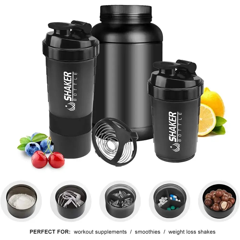 Tragbarer Protein-Shaker-Becher, 500 ml, mit Pulver-Aufbewahrungsbehälter, Mixerbecher, Fitnessstudio-Sport-Wasserflasche mit Schneebesen und Trinkgeschirr