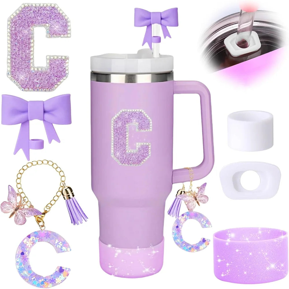 6pcs Accessories Set for Stanely 30oz 40oz Tumbler Including Glitter Initial Sticker 10mm Straw Topper Cover, Resin Letter Charm