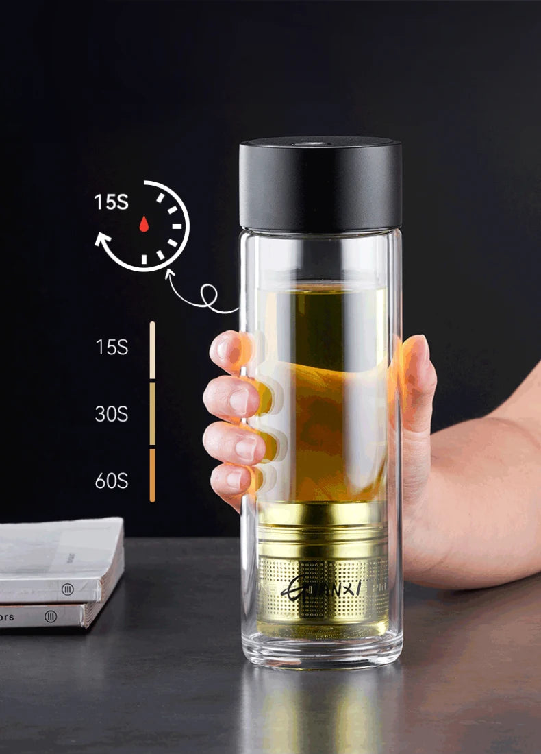 Glass Water Bottle With Tea Strainer and Magnetic Cup Lid Heat-Resistant Water Cup Portable Leak-Proof Office Household Tea Cup