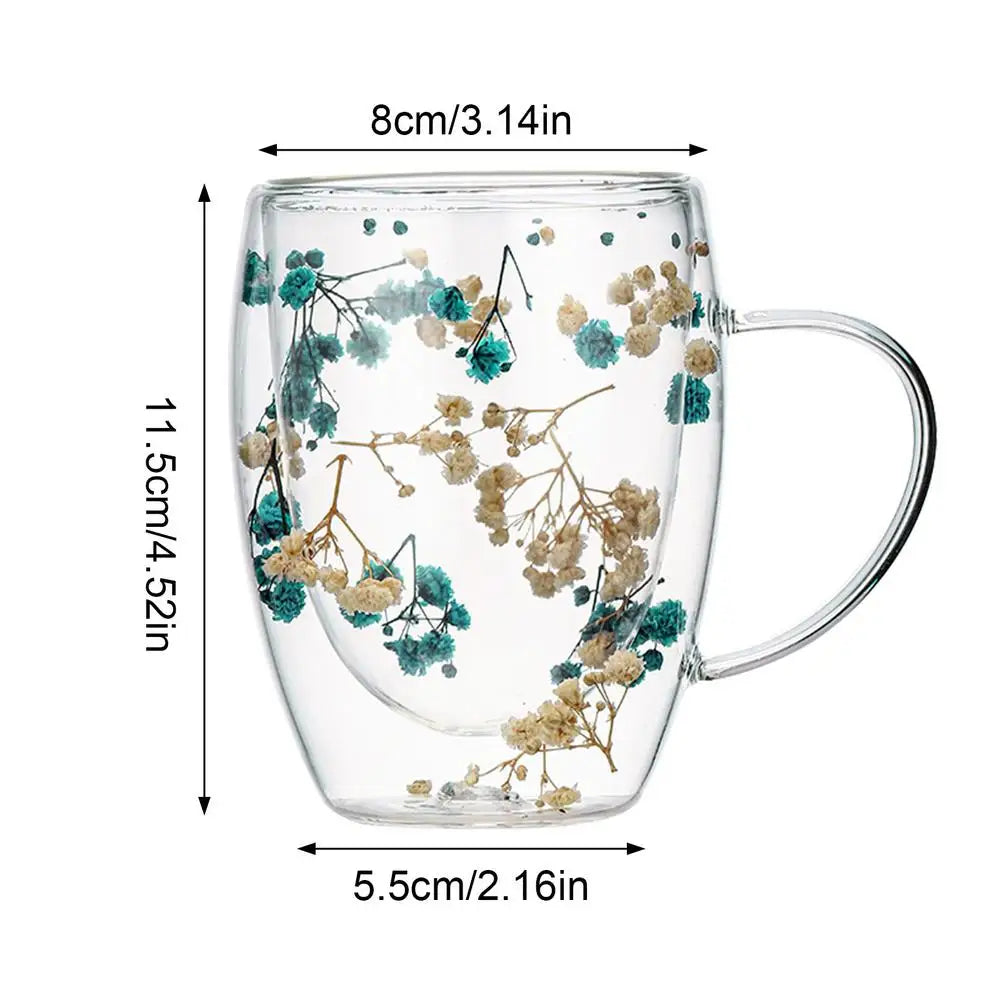 Double Wall Glass Dry Flowers Cup 350ml Insulated Coffee Mugs Dual Layered Glass Cups with Handle Elegant Dried Flowers milk Cup - Gabriel