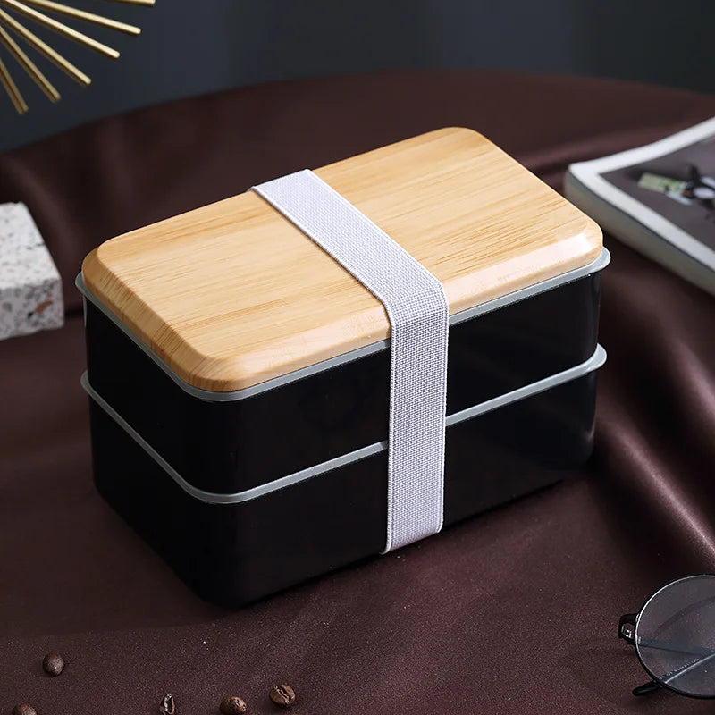 Wooden Grain Lunch Box Large Capacity Double Layer Sealed Leak Proof Microwave Oven Bento Box Food Storage Portable Tableware