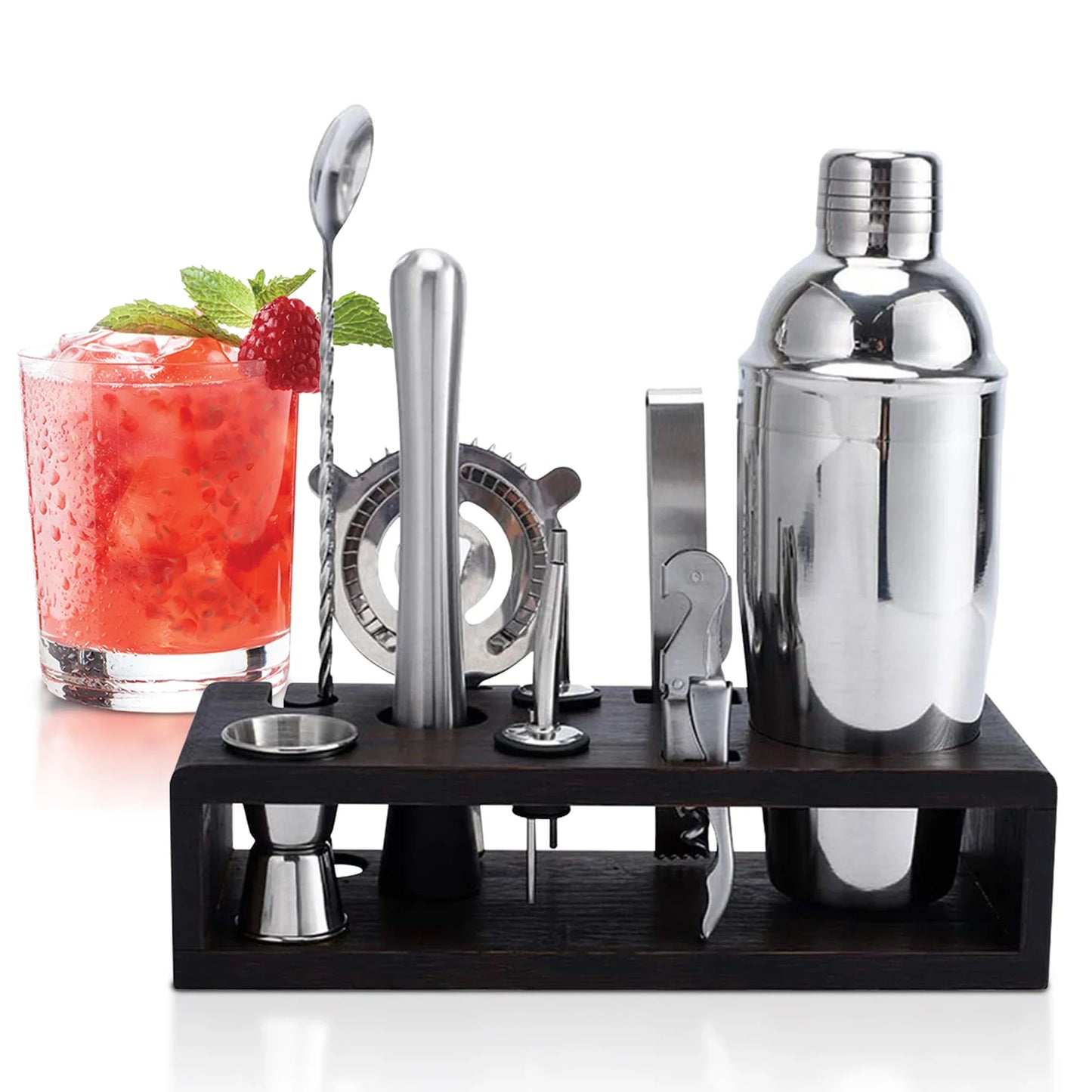 10er Shaker-Set, 750ml Shaker mit Bambusständer, Edelstahl, Cocktail-Kit, Cocktail Mixer, für Bar, Hausparty, Geschenk