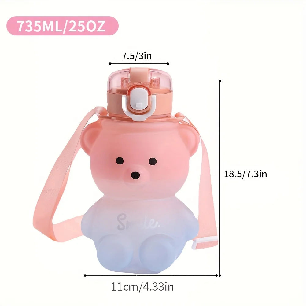 1pc Cute Bear Water Bottle BPA-Free Portable Kettle with Straw & Shoulder Strap Heat-Resistant Large-Capacity