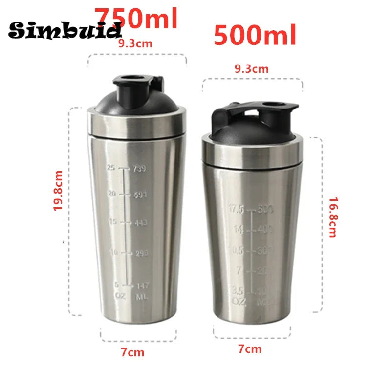 500ML/750ML Stainless Steel Protein Powder Shaker Bottle with Steel Ball and Scale Leak Proof Gym Fitness Sport Whey Shakes Cup