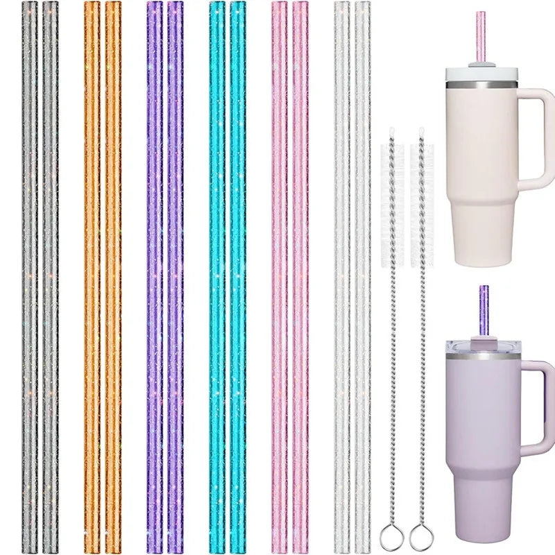 12-pack 6 Colors Glitter Straw For Stanley 30/40 oz Tumblers Plastic Reusable Straws 11.8" Long with 2 Cleaning Brush - Gabriel