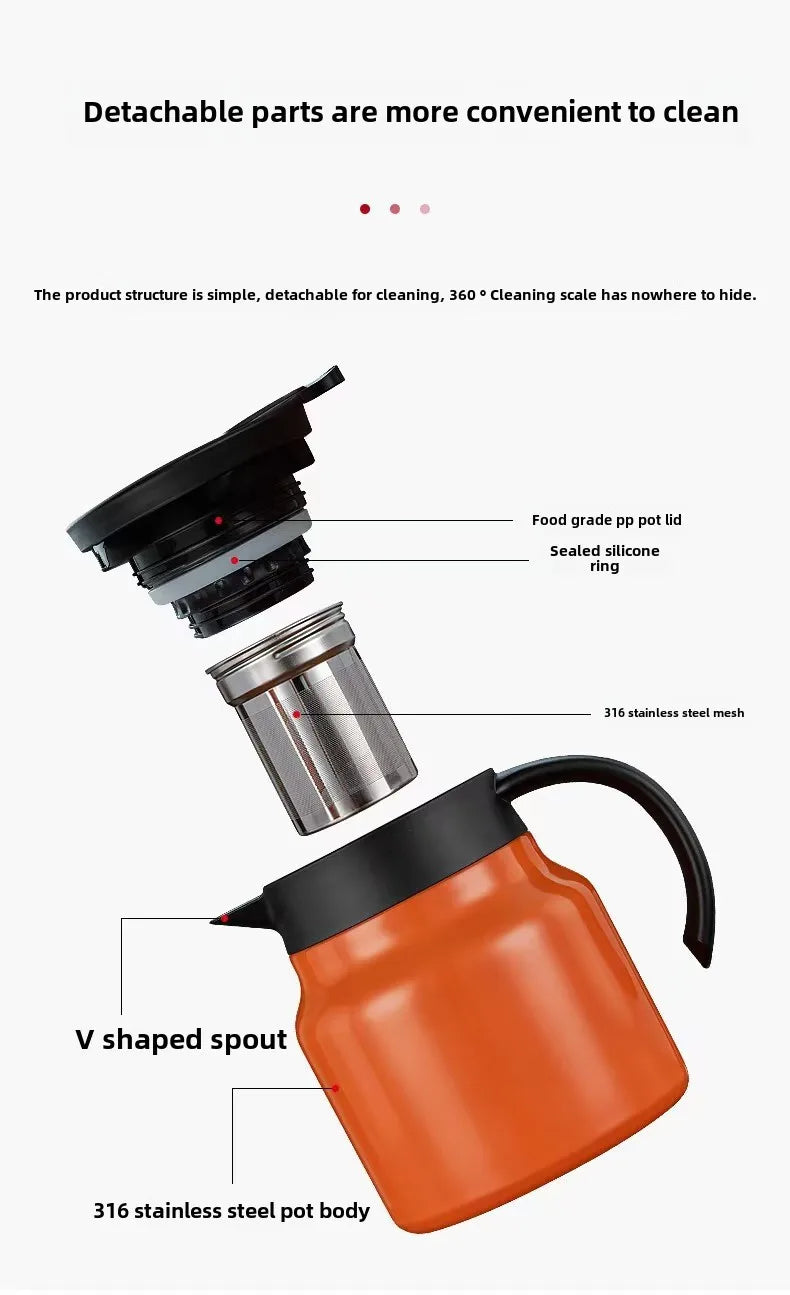 Portable Stainless Steel Thermos Teapot for Home and Office,Tetera，Large Capacity, Thermal Debris,1000ml Teapot with infuser