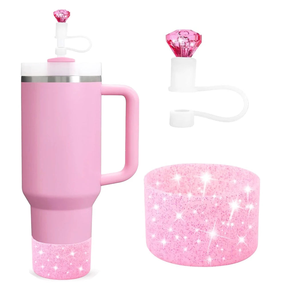 2pcs Accessories for 30oz 40oz Tumbler Cup Including 10mm Diamond Straw Cover and Silicone Glitter Protective Boot for Gift