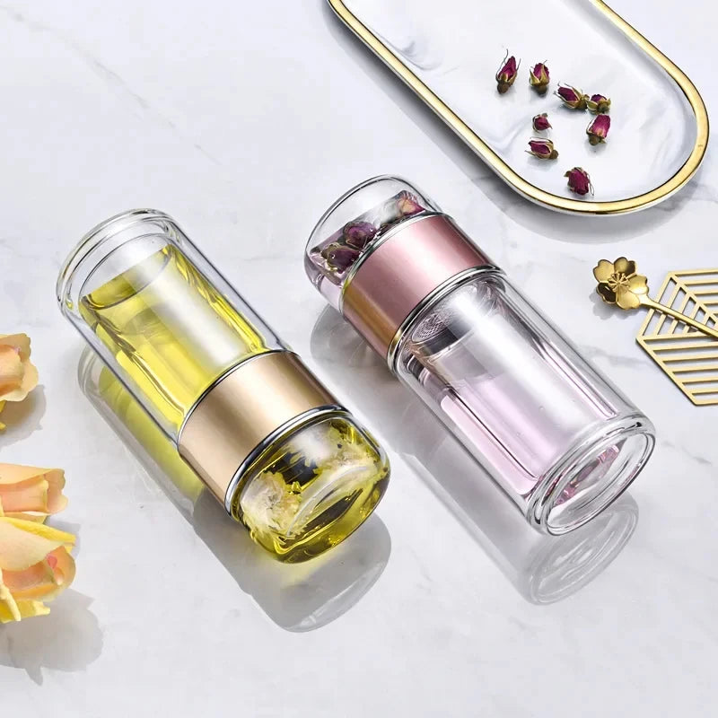 Borosilicate Glass Double Layer Tea Water Cup Double Layer Tea Water Bottle with Filter Infuser Tumbler Drinkware Set Drinkware