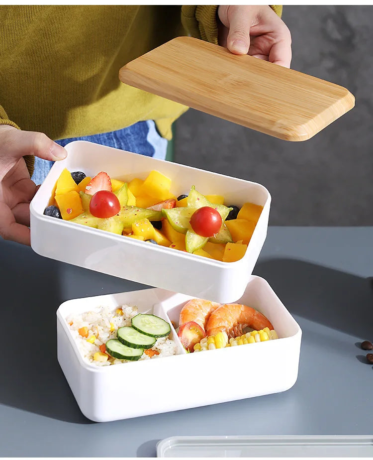 Wooden Grain Lunch Box Large Capacity Double Layer Sealed Leak Proof Microwave Oven Bento Box Food Storage Portable Tableware