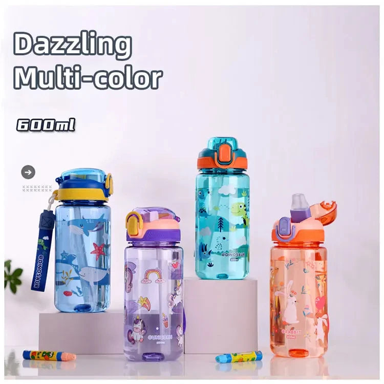 600ml Dinosaur Water Bottle For Kids Water Sippy Cup With Silicone Straw Leakproof Plastic Water Bottles Summer Kids Water Cup