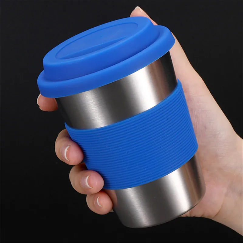 304 Stainless Steel Coffee Cup with Silicone Lids Portable Water Drinks Tea Milk Beer Mug Anti-Scald Travel Drinkware 350ML - Gabriel