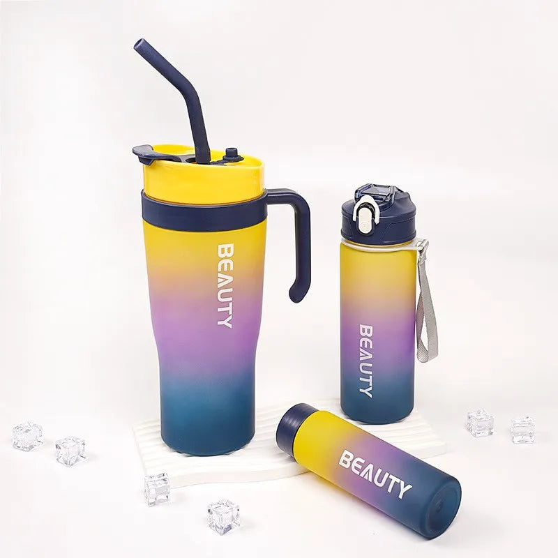 Set 3-in-1 Sports Gradient Water Bottle with Straw Large Capacity with Stylish Handle Drink Bottle water Cup Outdoor