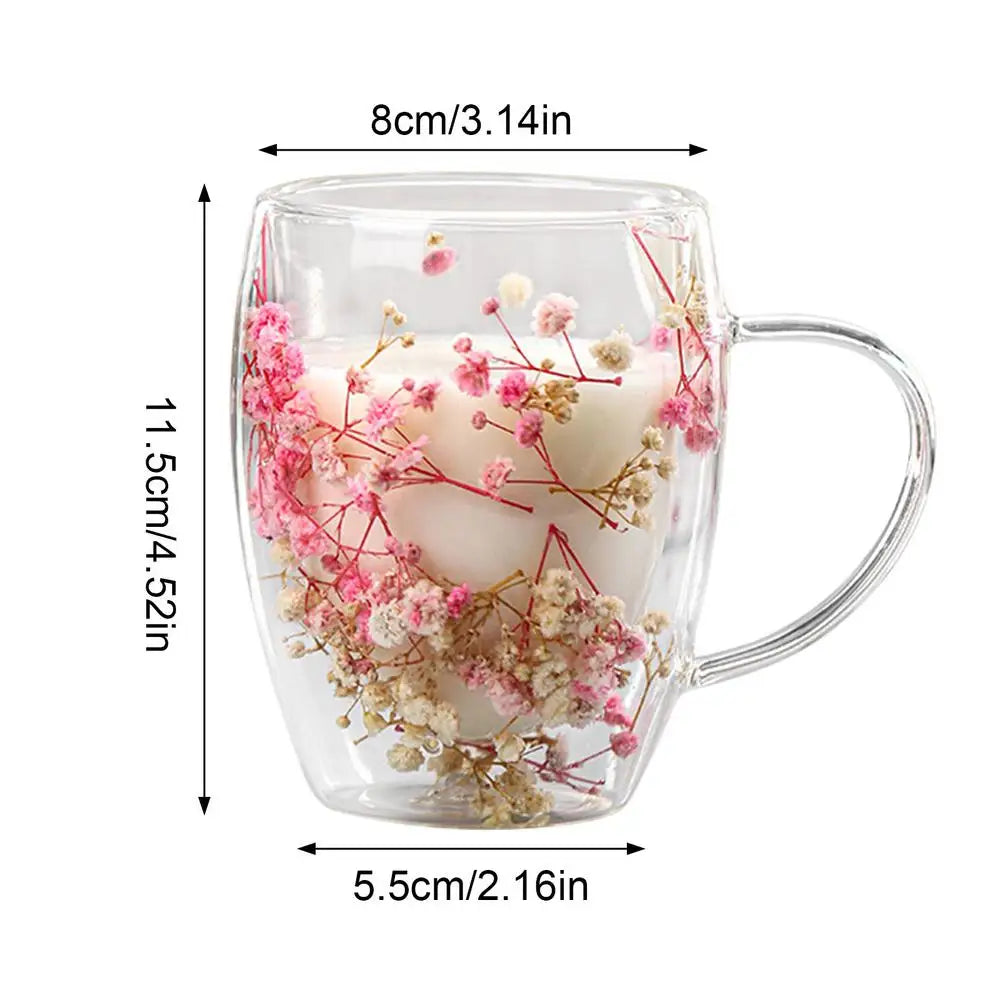 Double Wall Glass Dry Flowers Cup 350ml Insulated Coffee Mugs Dual Layered Glass Cups with Handle Elegant Dried Flowers milk Cup - Gabriel