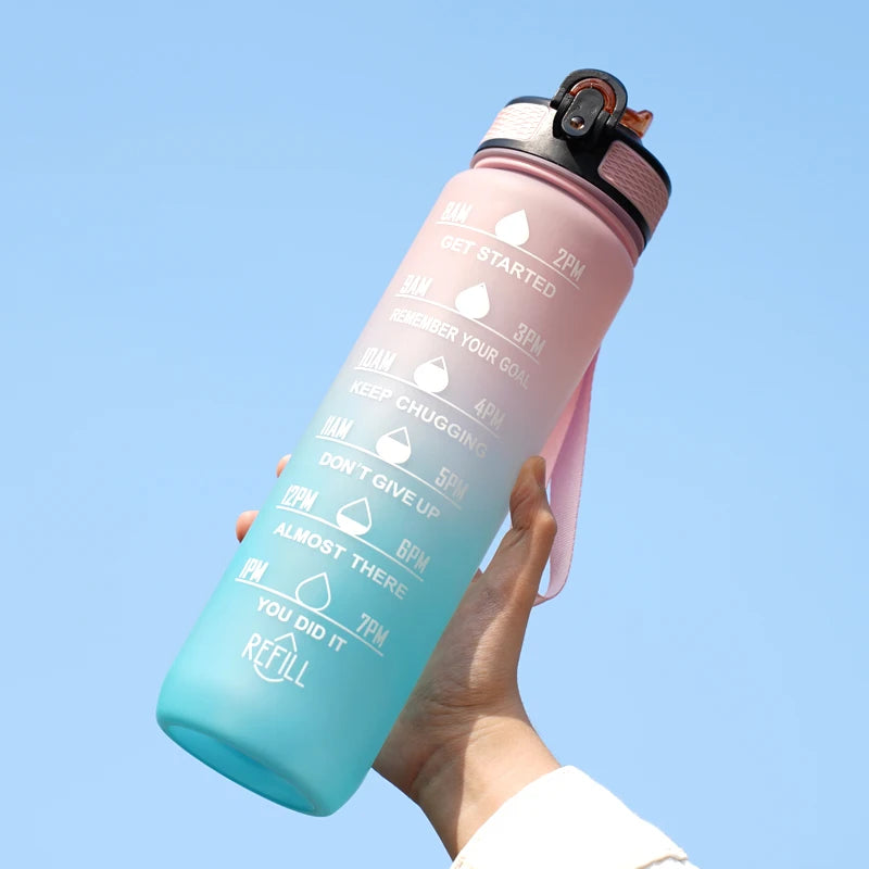 1L Water bottle 12 colors Leak Proof with Time Mark Drink and Straw Motivational Drinking Sports Water Bottle for Outdoor Hiking