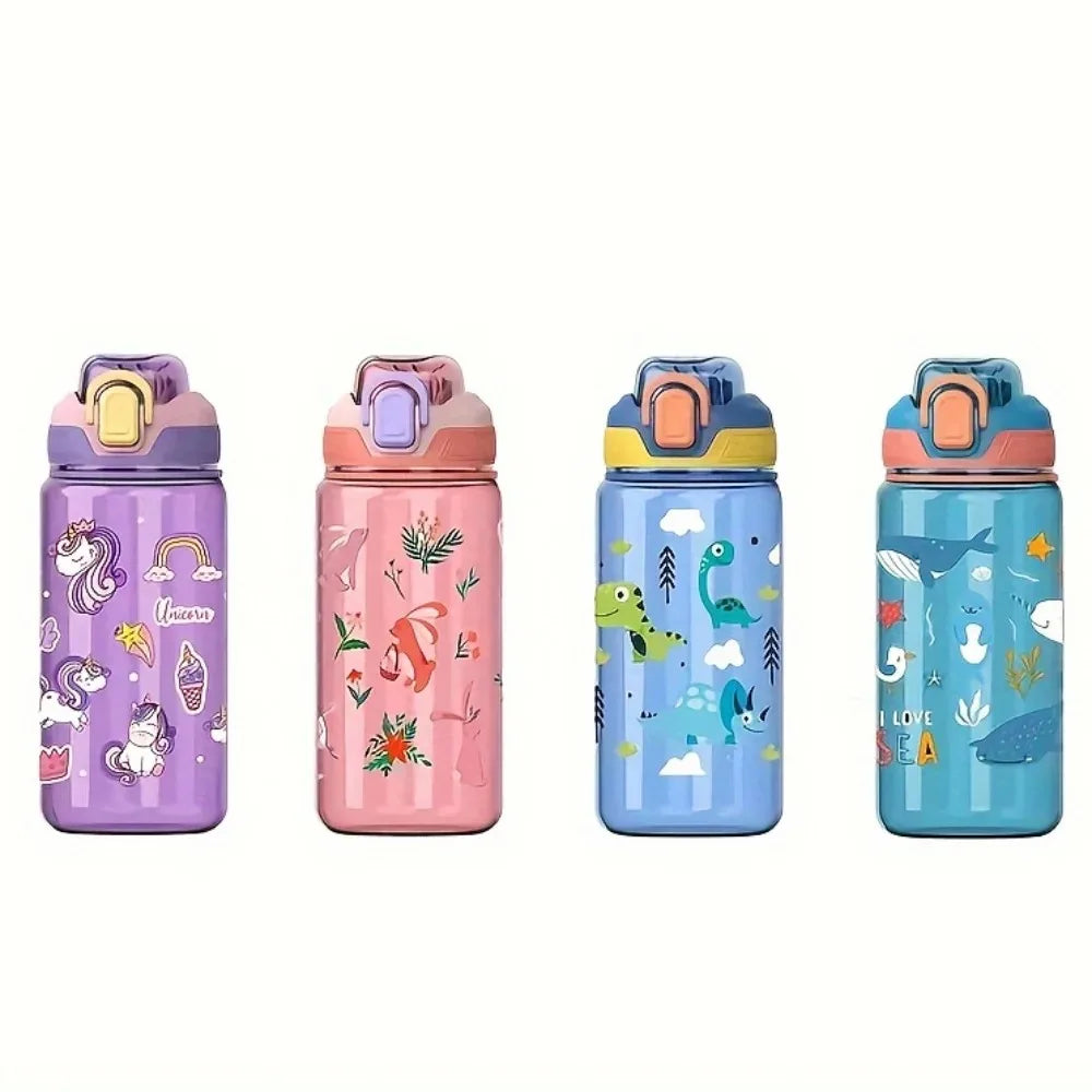 600 ml Kinder-Cartoon-Tier-Wasserflasche, tragbar, Sicherheitsverschluss, niedlicher Strohbecher, auslaufsicherer Trinkkrug für Outdoor-Camping-Reisen