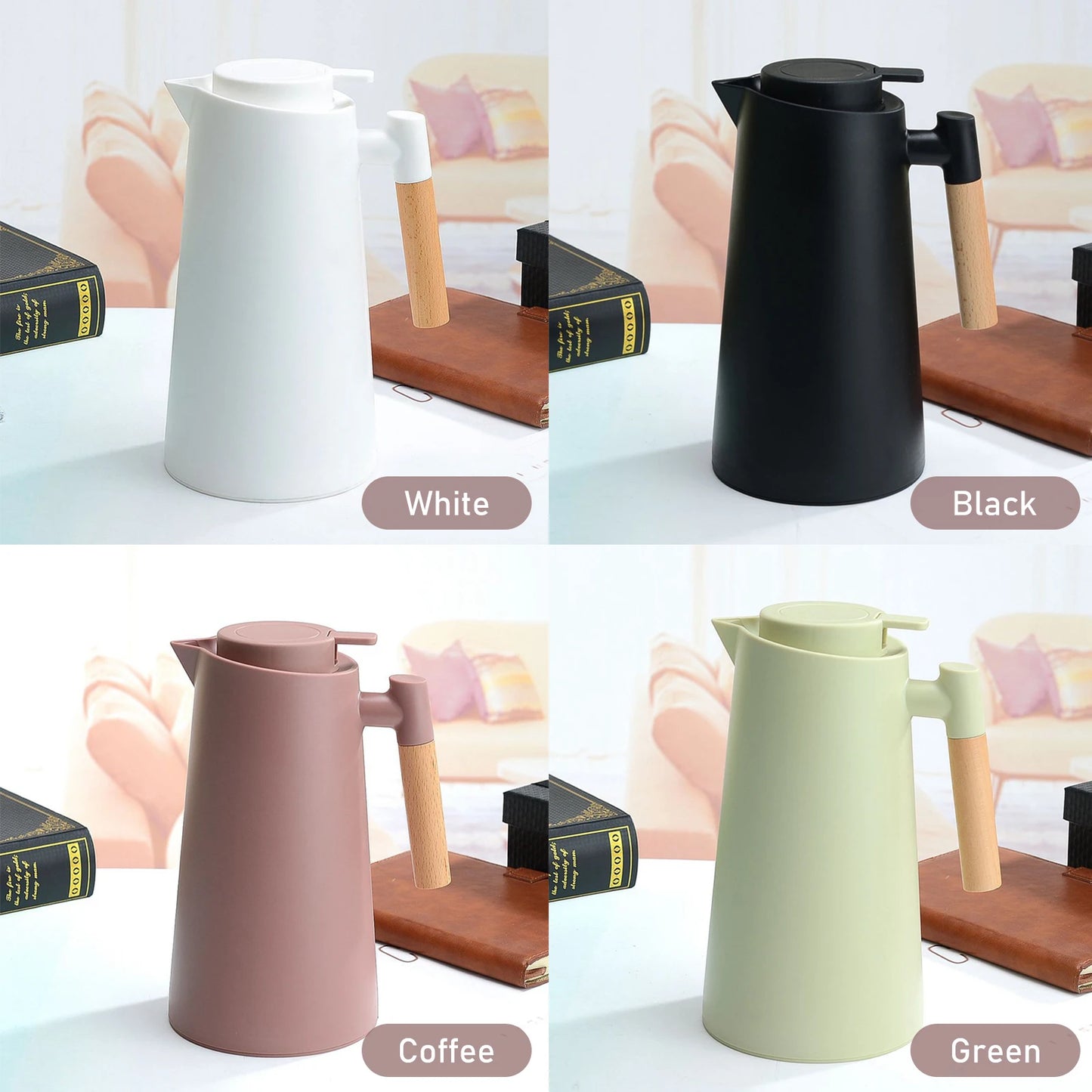 1L Thermal Coffee Carafe Double Walled Vacuum Coffee Pot Thermos Pot With Wood Handle Kettle Insulated Carafe Keeping Hot Cold