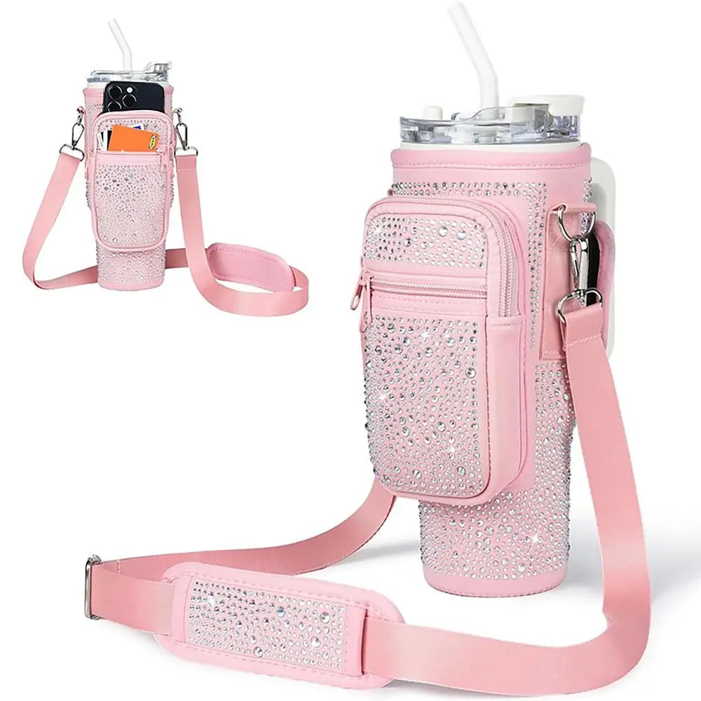 with Phone Pocket Water Bottle Holder Pouch Diamond Soft Adjustable Strap Water Cup Bags Handfree Bottle Carrier Bag