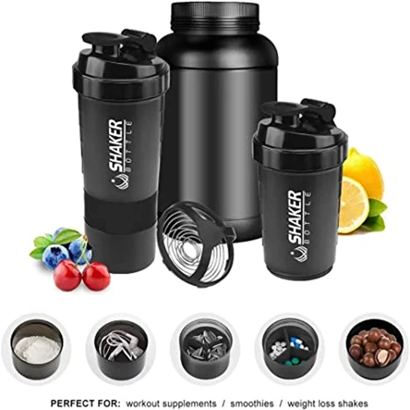 Tragbarer Protein-Shaker-Becher, 500 ml, mit Pulver-Aufbewahrungsbehälter, Mixerbecher, Fitnessstudio-Sport-Wasserflasche mit Schneebesen und Trinkgeschirr