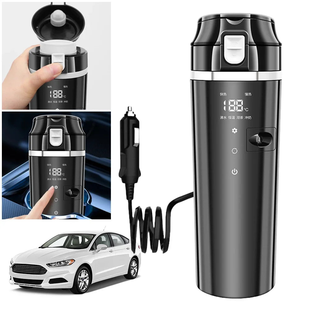 12V/24V Car Heating Cup Digital LCD Display Electric Kettle Stainless Steel Car Heated Smart Mug 500ML Coffee Milk Heated Kettle